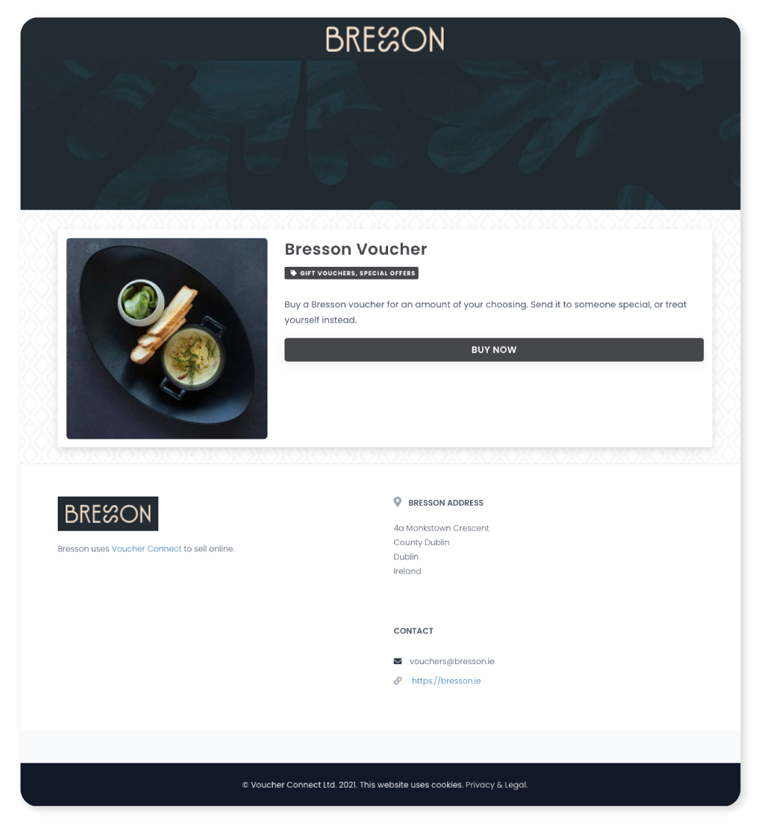 Minimal dark webpage with a Bresson Voucher gift