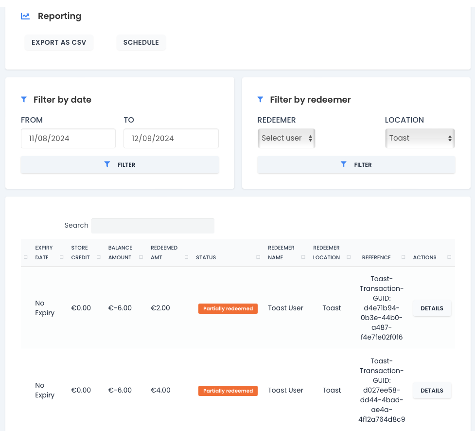 Voucher Connect Toast reporting