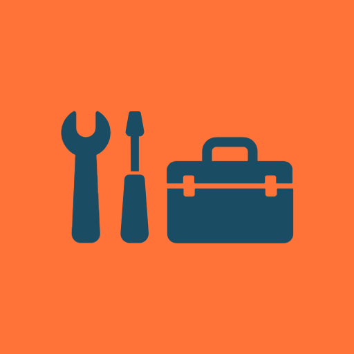 Orange background with blue tools and bag