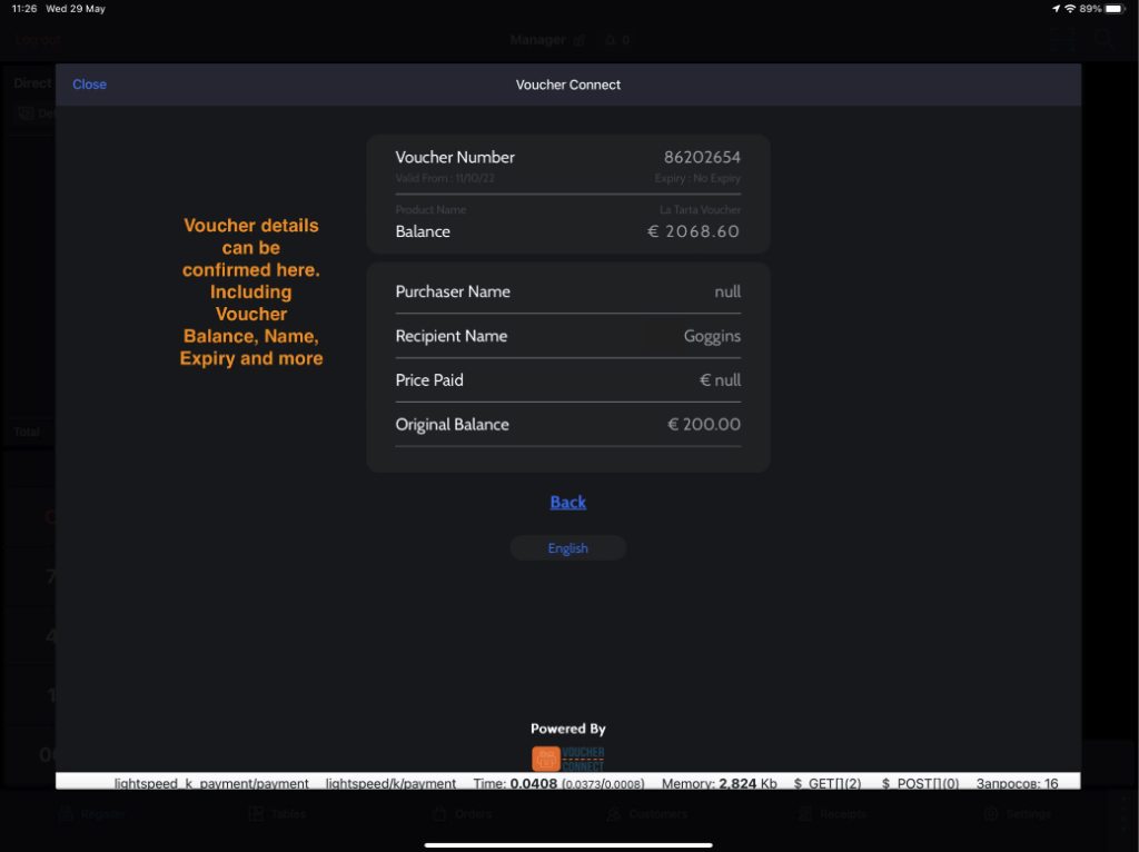 check voucher details lightspeed k-series 1