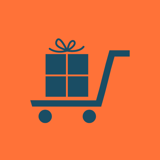 Orange background with blue shopping cart with a present